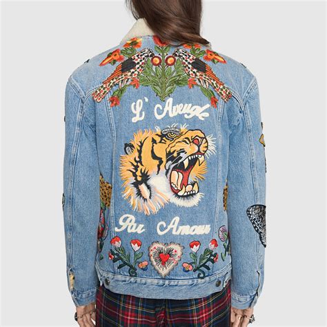 gucci women's blue embroidered denim jacket|gucci female jeans.